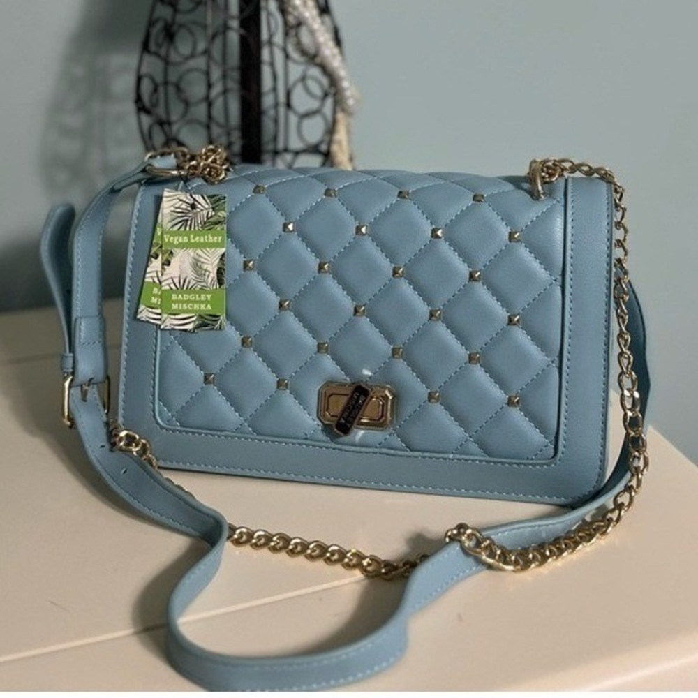 Badgley Mischka Crossbody Light Blue Crossbody Quilted Gold Studded Purse